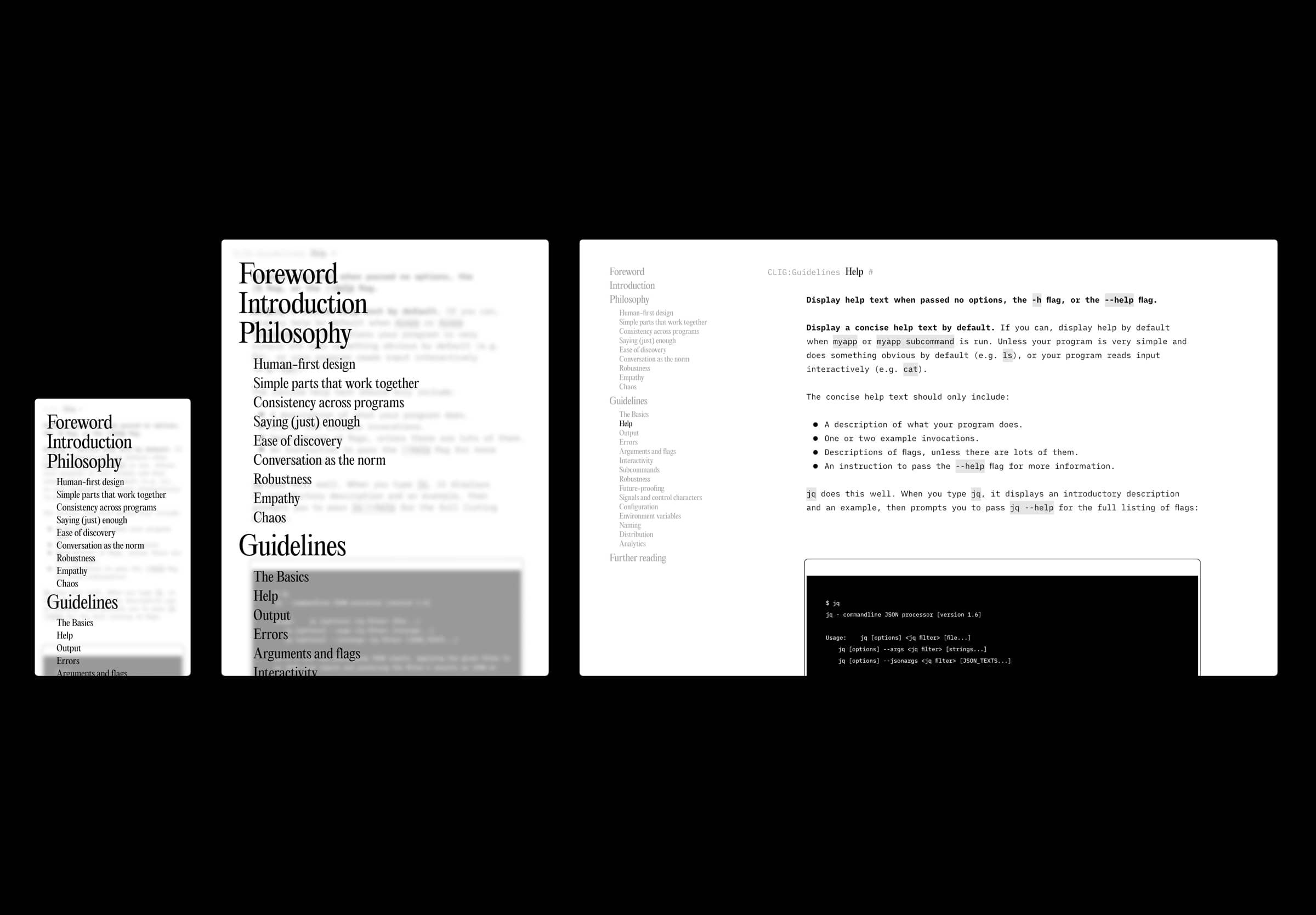 Screenshots of the Command Line Interface Guidelines website. Brand and design